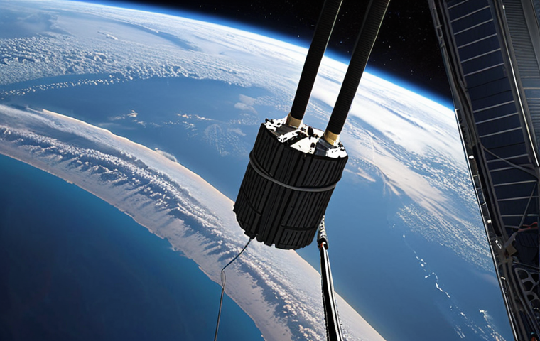 **
A futuristic space elevator cable anchored near the equator, possibly in Malaysia (to match the locale). The cable is made of carbon nanotubes, shimmering with advanced technology. In the background, a "climber" vehicle ascends towards a counterweight in geostationary orbit, with Earth visible below. The scene emphasizes the strength and slenderness of the cable.
**