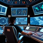 **Highly detailed digital painting of a futuristic spaceship control room. Multiple monitors display complex code and sensor data. A programmer, focused and determined, sits at the console, illuminated by the screens. Emphasize the technological and high-stakes nature of aerospace software. Dramatic lighting, cinematic composition.**
