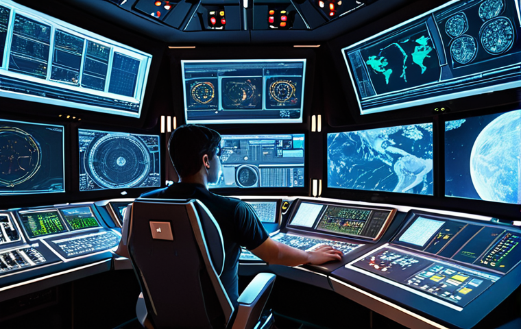 **Highly detailed digital painting of a futuristic spaceship control room. Multiple monitors display complex code and sensor data. A programmer, focused and determined, sits at the console, illuminated by the screens. Emphasize the technological and high-stakes nature of aerospace software. Dramatic lighting, cinematic composition.**