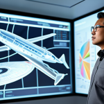 A professional male engineer of Malaysian ethnicity, in a modest grey business casual shirt and dark trousers, fully clothed, stands thoughtfully in a modern, brightly lit aerospace design studio. He is focused on a large, glowing holographic projection displaying the intricate blueprint of an advanced, sleek electric aircraft, emphasizing sustainable aviation and innovative design. The background shows blurred large screens with complex aerodynamic simulations and clean, professional workspace elements. Professional studio photography, high resolution, sharp focus, intricate details, cinematic lighting, vibrant colors, appropriate content, safe for work, perfect anatomy, correct proportions, natural pose, well-formed hands, proper finger count, natural body proportions.